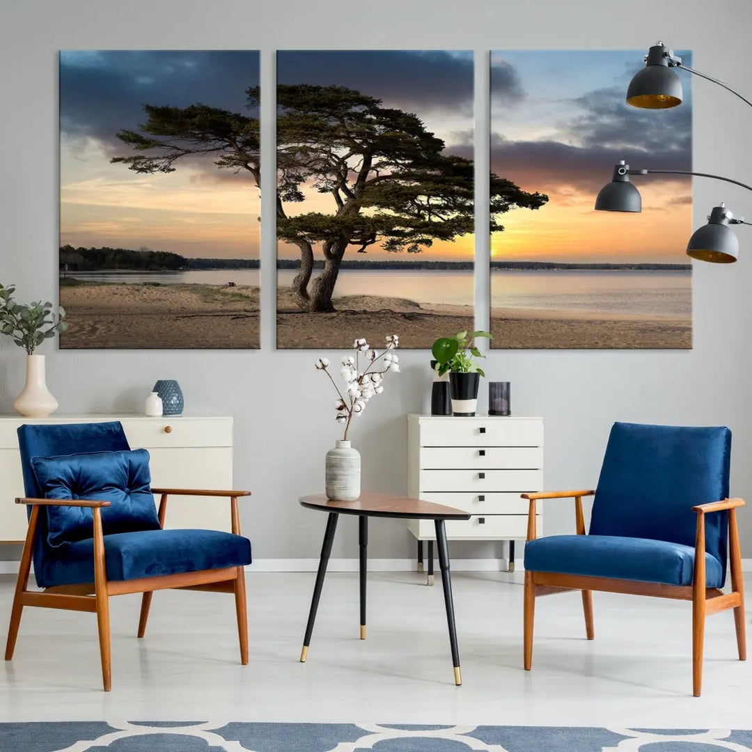 Big Tree Beach Coastal Sunset Wall Art Canvas Print Framed