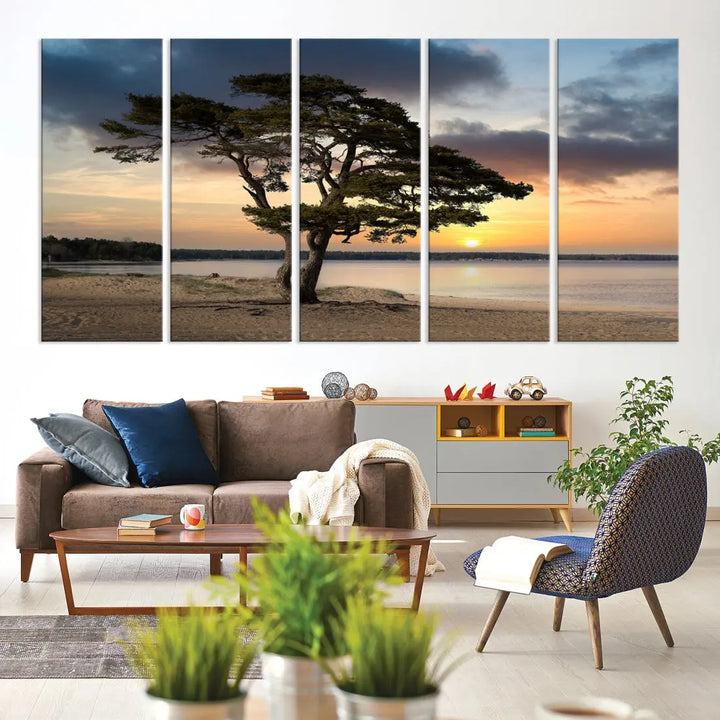 Big Tree Beach Coastal Sunset Wall Art Canvas Print Framed