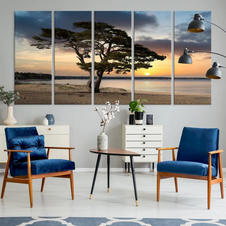 Big Tree Beach Coastal Sunset Wall Art Canvas Print Framed