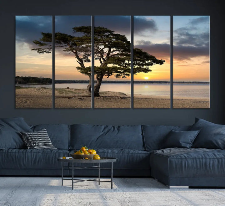 Big Tree Beach Coastal Sunset Wall Art Canvas Print Framed