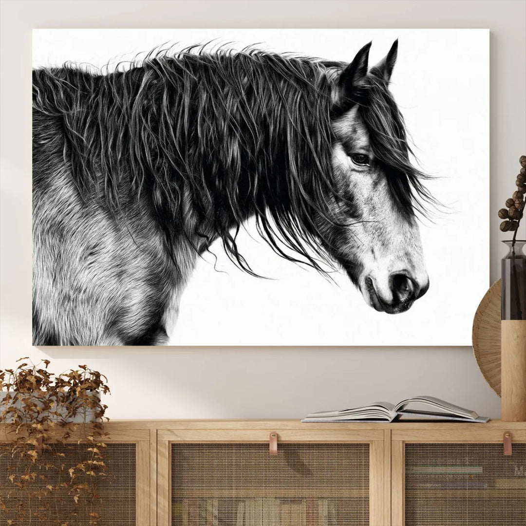 Black Horse Wall Art Canvas Print for Farmhouse Decor and Woodland Decoration