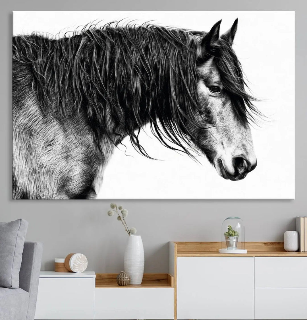 Black Horse Wall Art Canvas Print for Farmhouse Decor and Woodland Decoration