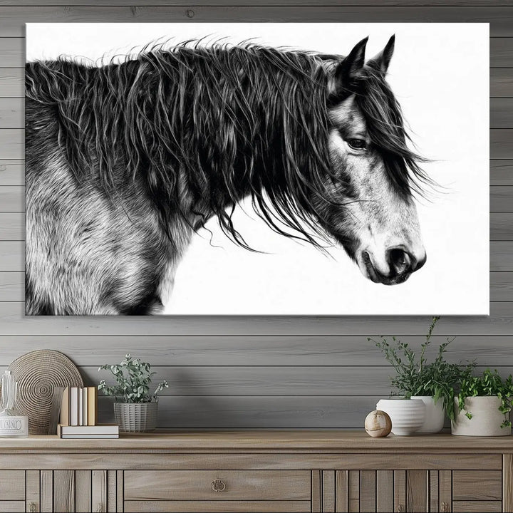 Black Horse Wall Art Canvas Print for Farmhouse Decor and Woodland Decoration