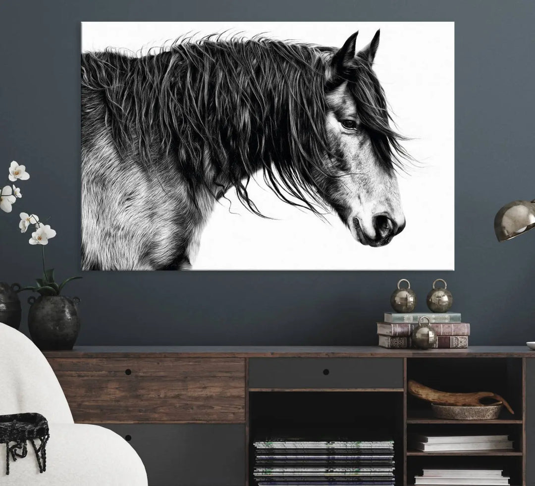 Black Horse Wall Art Canvas Print for Farmhouse Decor and Woodland Decoration