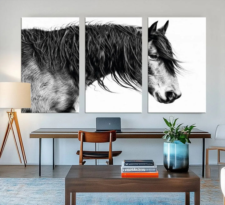 Black Horse Wall Art Canvas Print for Farmhouse Decor and Woodland Decoration