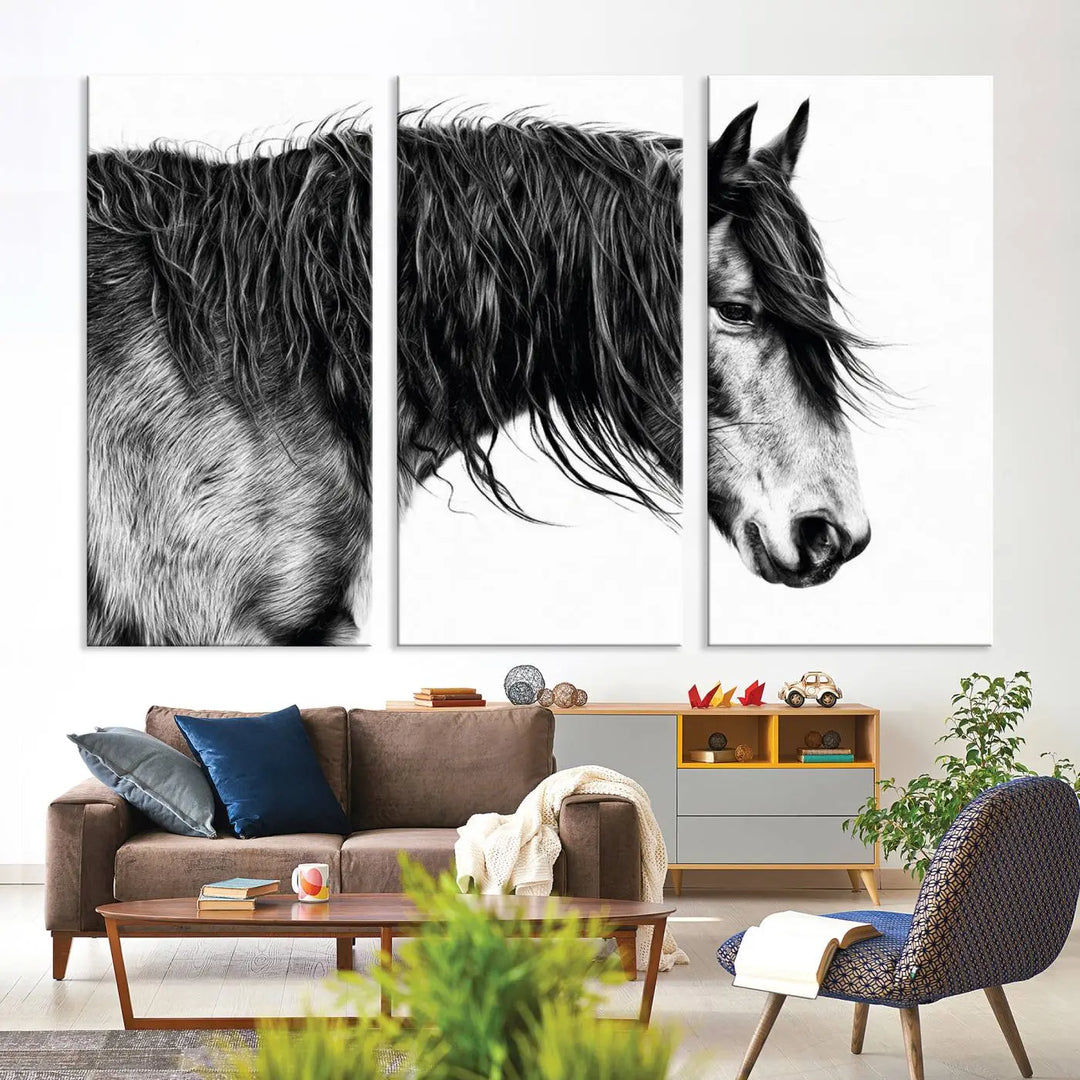 Black Horse Wall Art Canvas Print for Farmhouse Decor and Woodland Decoration