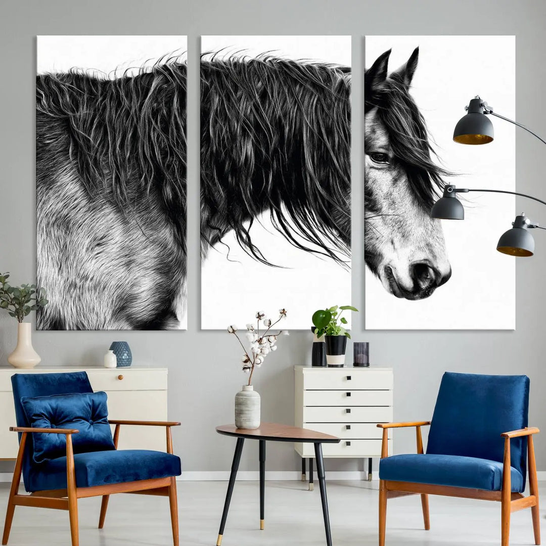 Black Horse Wall Art Canvas Print for Farmhouse Decor and Woodland Decoration