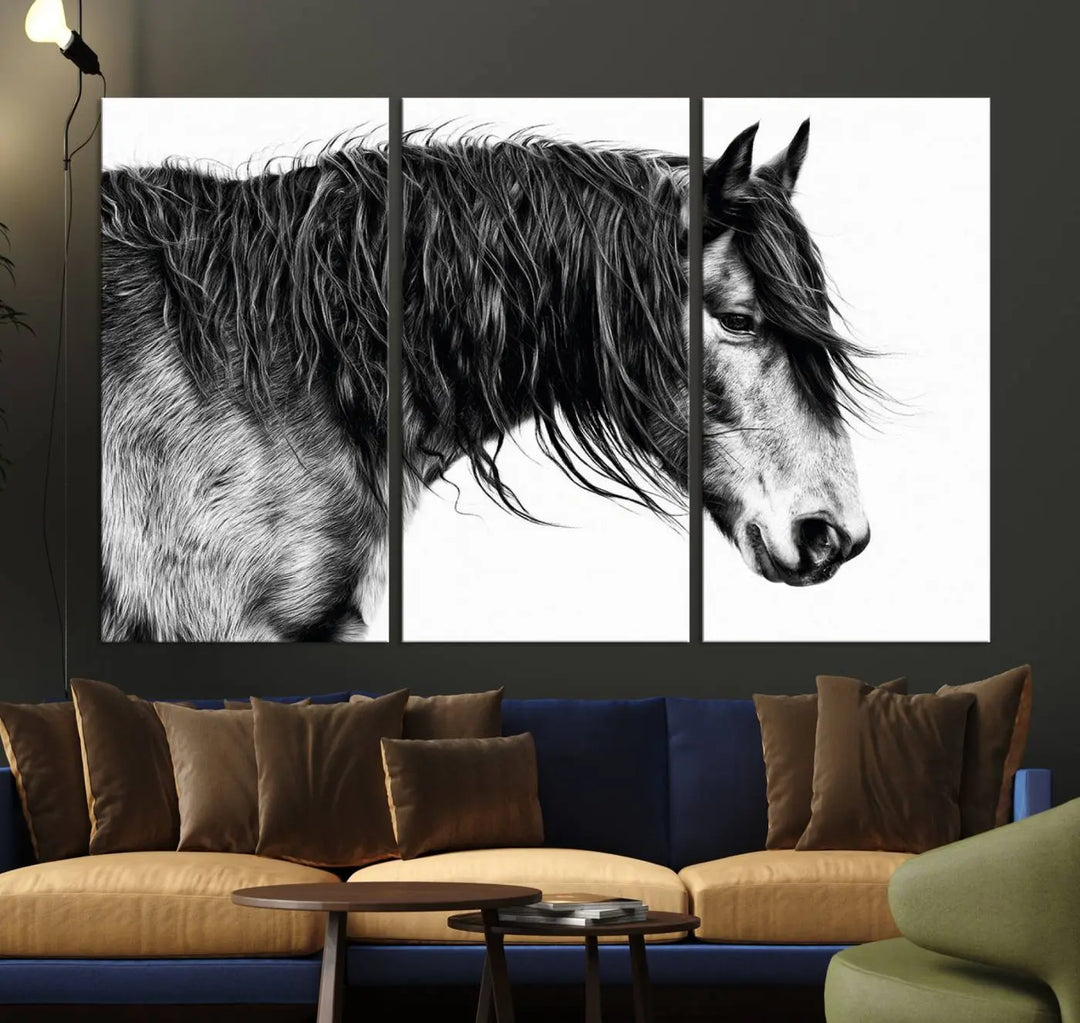 Black Horse Wall Art Canvas Print for Farmhouse Decor and Woodland Decoration