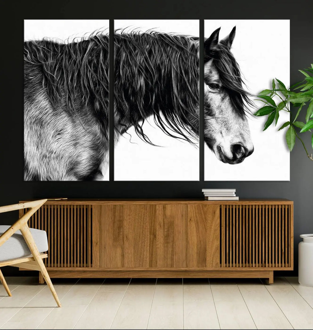 Black Horse Wall Art Canvas Print for Farmhouse Decor and Woodland Decoration