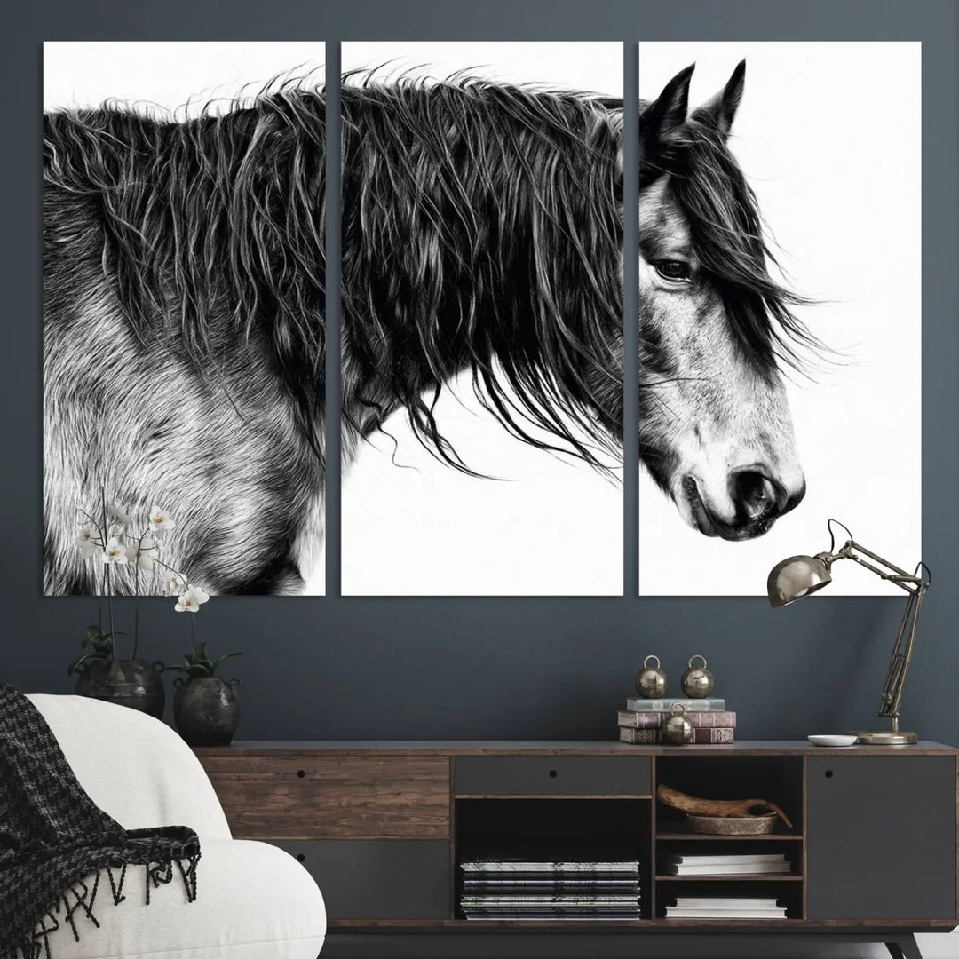 Black Horse Wall Art Canvas Print for Farmhouse Decor and Woodland Decoration