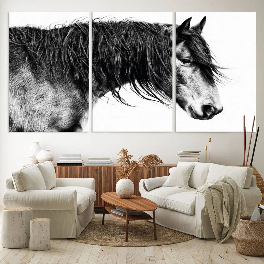 Black Horse Wall Art Canvas Print for Farmhouse Decor and Woodland Decoration