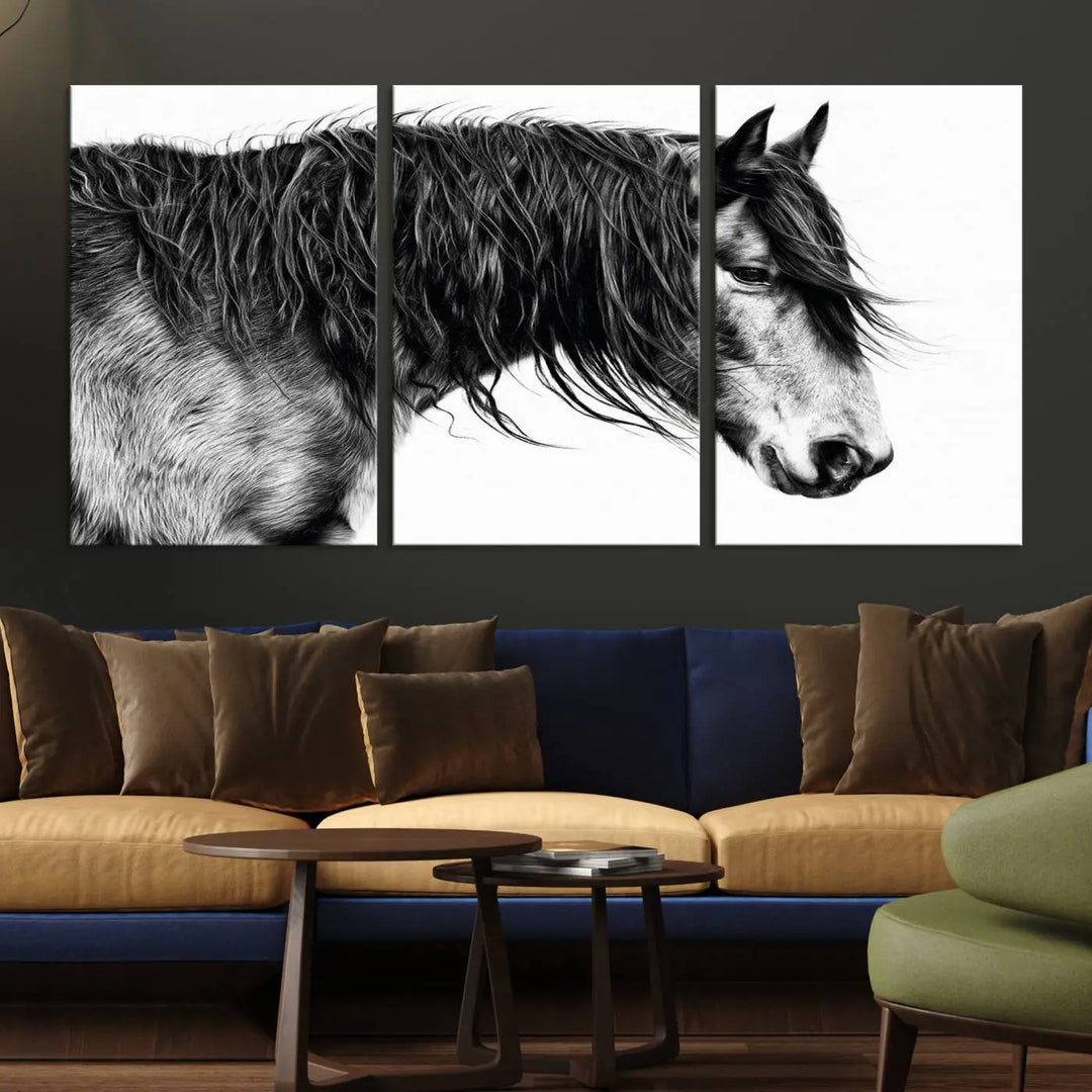 Black Horse Wall Art Canvas Print for Farmhouse Decor and Woodland Decoration