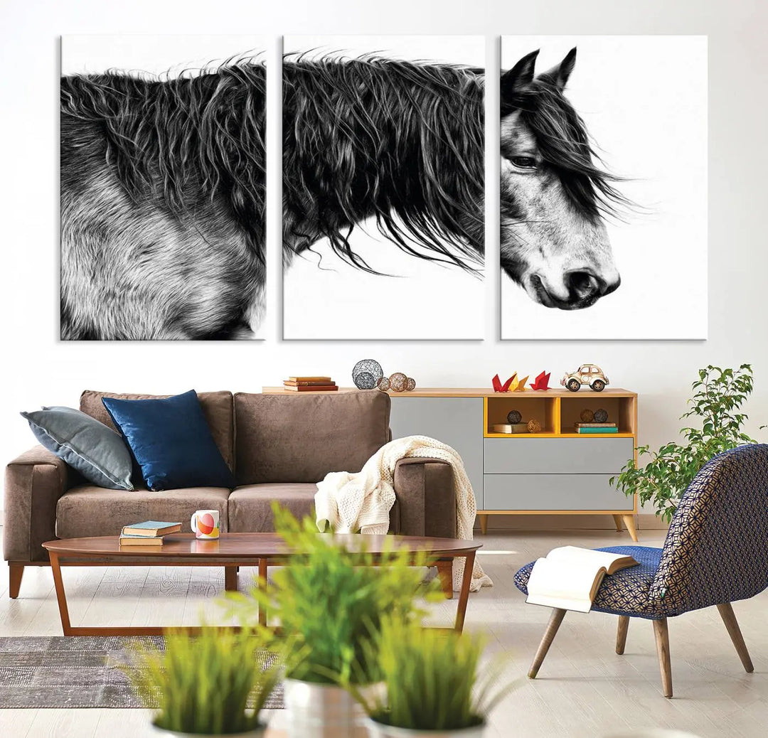 Black Horse Wall Art Canvas Print for Farmhouse Decor and Woodland Decoration