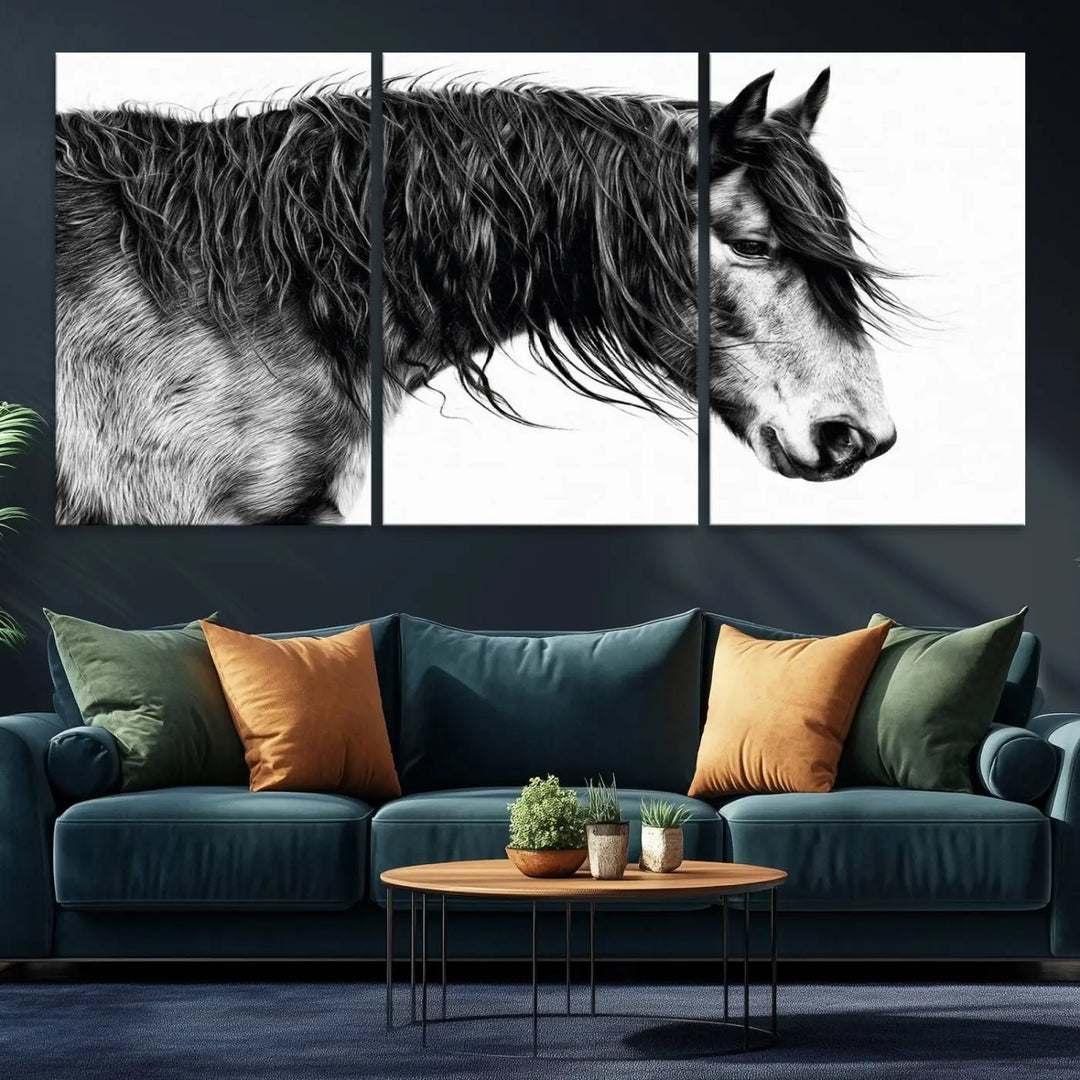 Black Horse Wall Art Canvas Print for Farmhouse Decor and Woodland Decoration