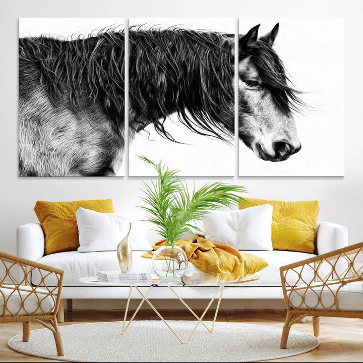 Black Horse Wall Art Canvas Print for Farmhouse Decor and Woodland Decoration