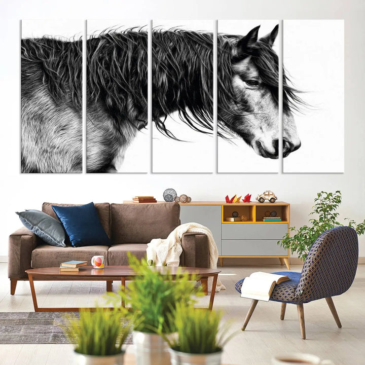 Black Horse Wall Art Canvas Print for Farmhouse Decor and Woodland Decoration