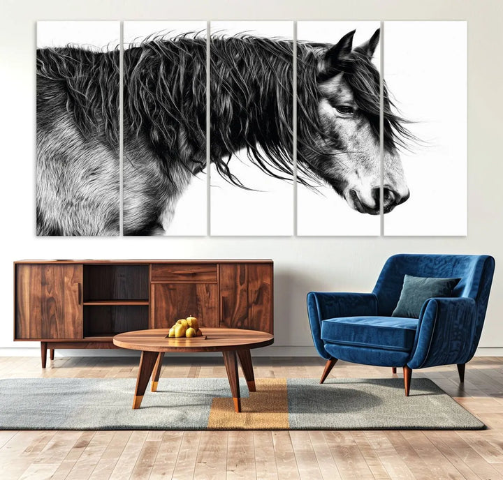 Black Horse Wall Art Canvas Print for Farmhouse Decor and Woodland Decoration