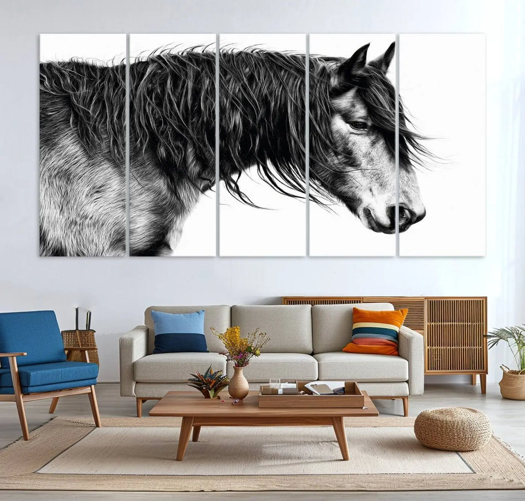 Black Horse Wall Art Canvas Print for Farmhouse Decor and Woodland Decoration