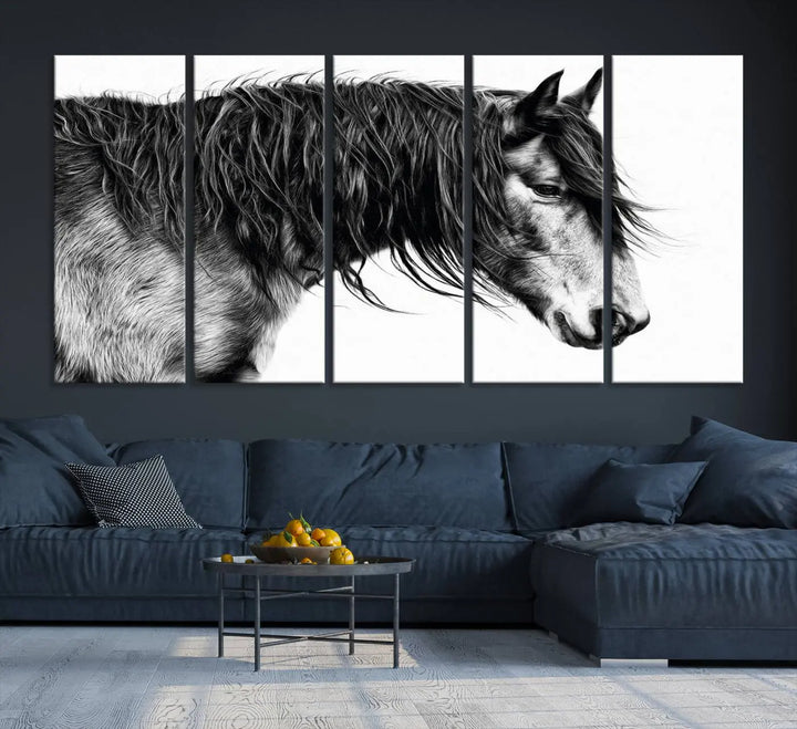 Black Horse Wall Art Canvas Print for Farmhouse Decor and Woodland Decoration