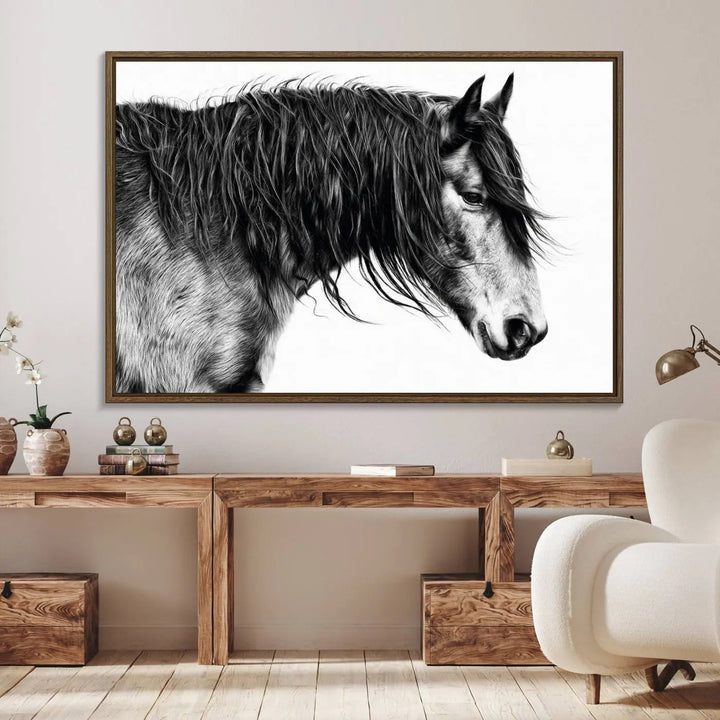 Black Horse Wall Art Canvas Print for Farmhouse Decor and Woodland Decoration