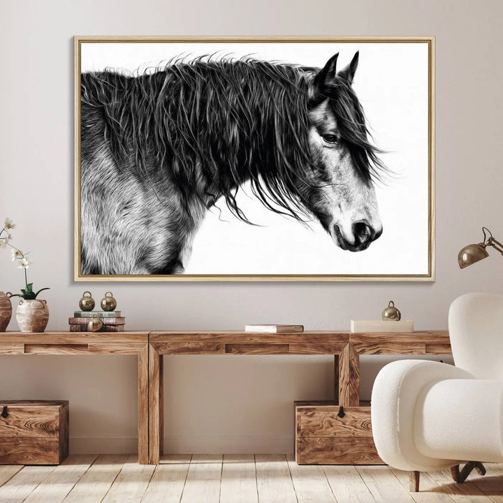 Black Horse Wall Art Canvas Print for Farmhouse Decor and Woodland Decoration