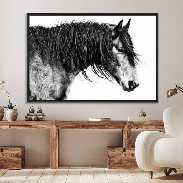 Black Horse Wall Art Canvas Print for Farmhouse Decor and Woodland Decoration