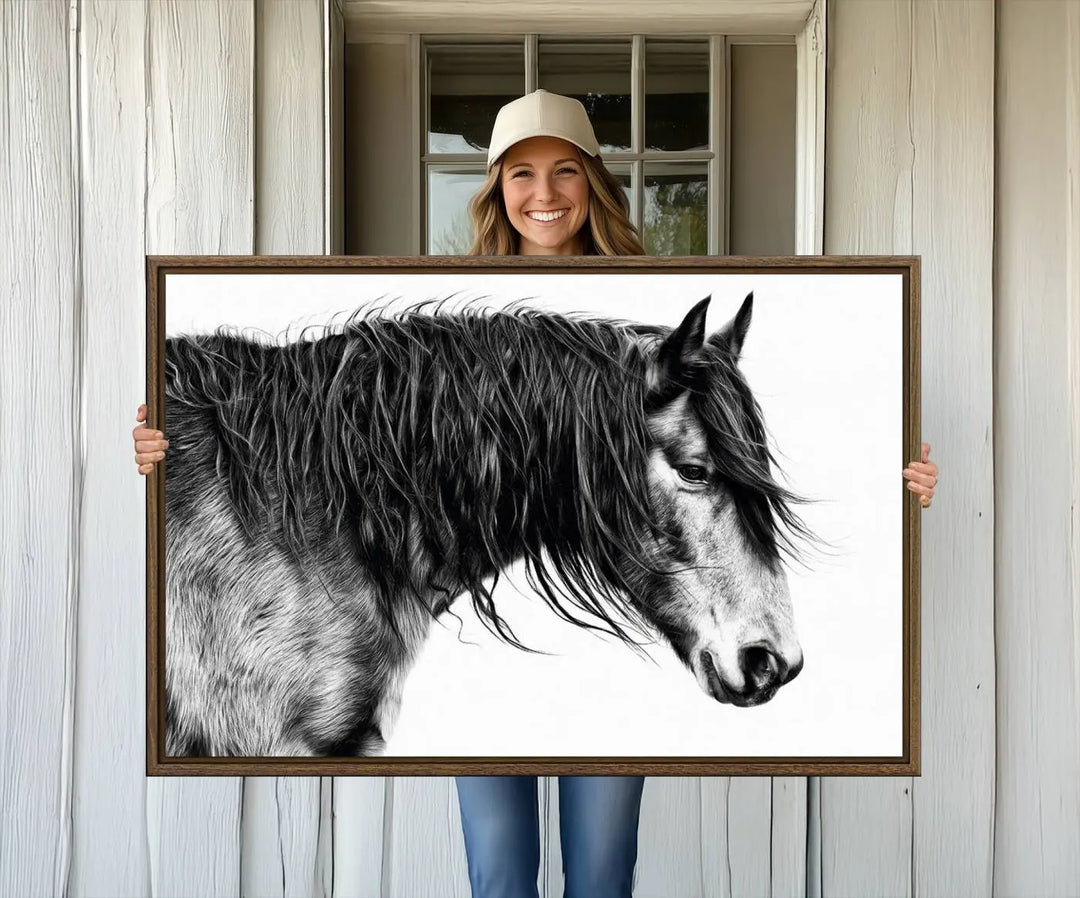 Black Horse Wall Art Canvas Print for Farmhouse Decor and Woodland Decoration