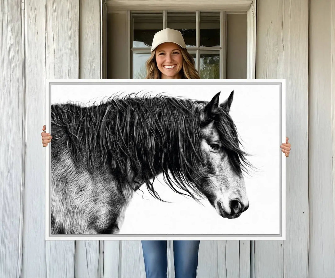 Black Horse Wall Art Canvas Print for Farmhouse Decor and Woodland Decoration