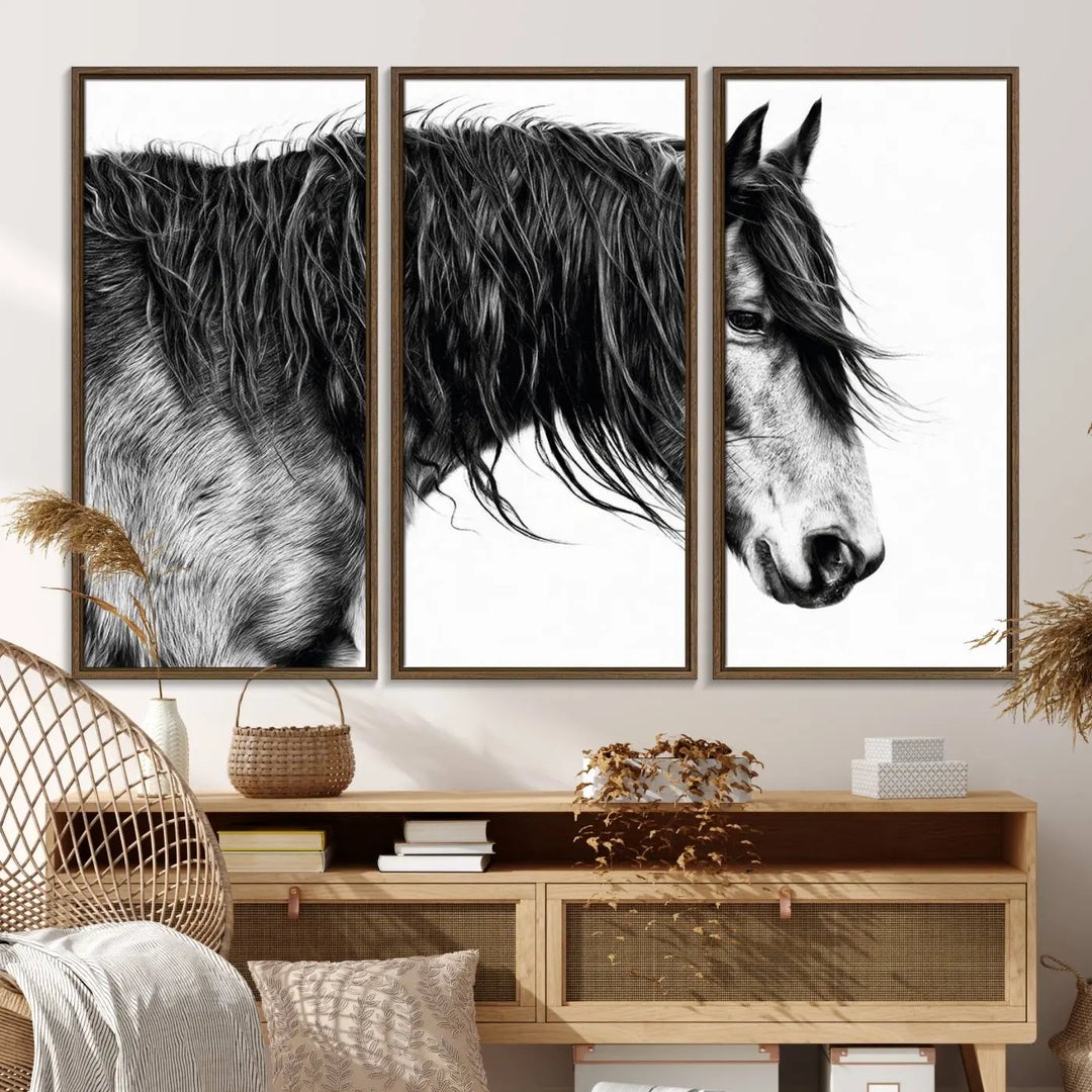 Black Horse Wall Art Canvas Print for Farmhouse Decor and Woodland Decoration