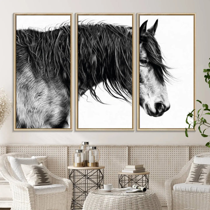 Black Horse Wall Art Canvas Print for Farmhouse Decor and Woodland Decoration