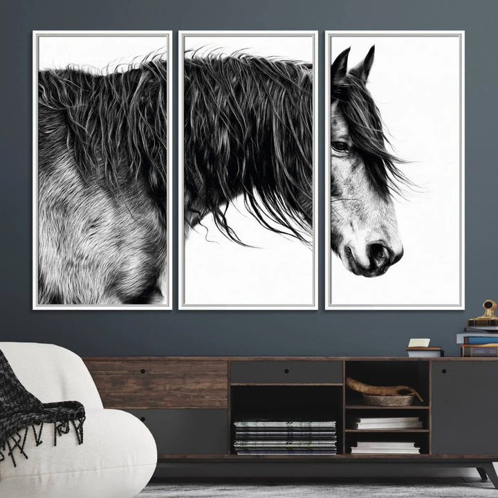 Black Horse Wall Art Canvas Print for Farmhouse Decor and Woodland Decoration