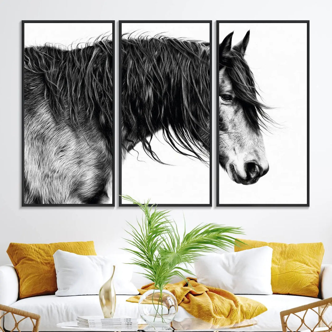 Black Horse Wall Art Canvas Print for Farmhouse Decor and Woodland Decoration