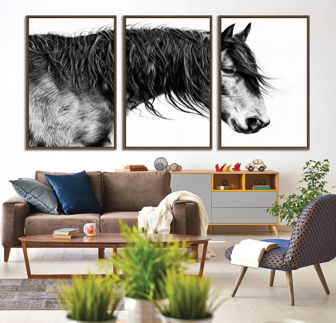 Black Horse Wall Art Canvas Print for Farmhouse Decor and Woodland Decoration