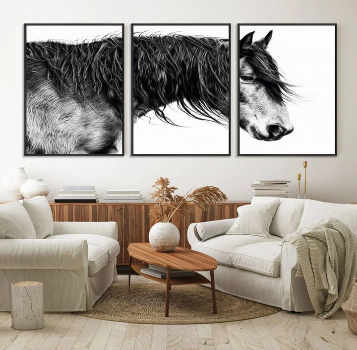 Black Horse Wall Art Canvas Print for Farmhouse Decor and Woodland Decoration