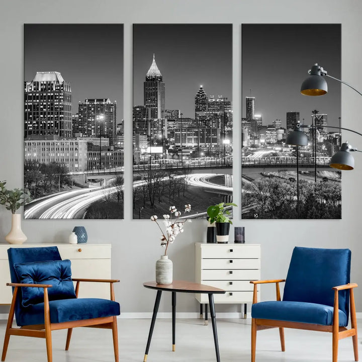 Black and White Atlanta City Skyline Cityscape Large Wall Art Canvas Print