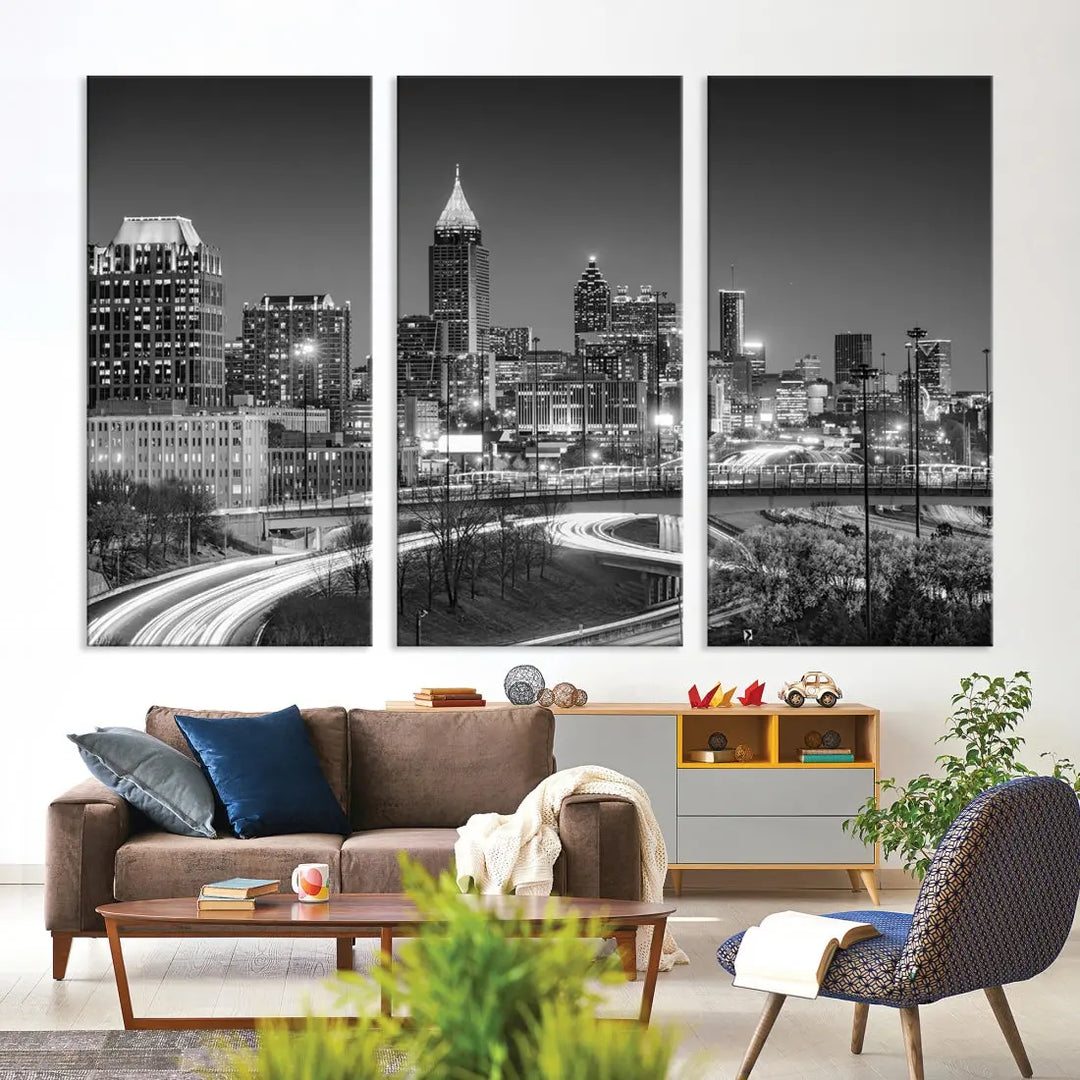 Black and White Atlanta City Skyline Cityscape Large Wall Art Canvas Print