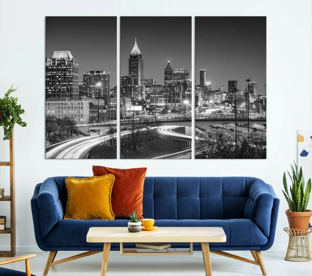 Black and White Atlanta City Skyline Cityscape Large Wall Art Canvas Print