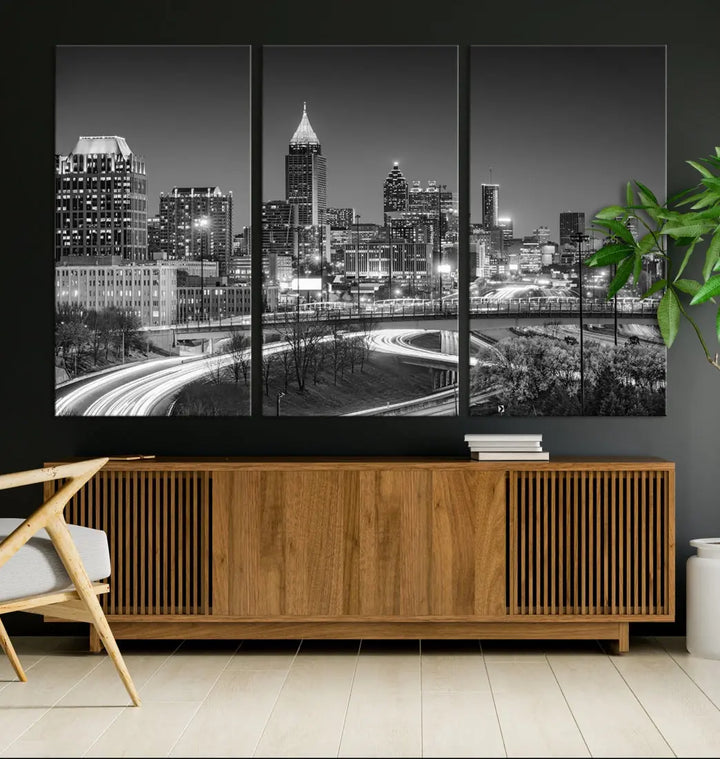 Black and White Atlanta City Skyline Cityscape Large Wall Art Canvas Print