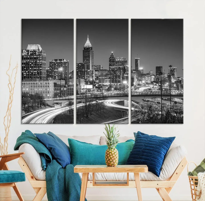 Black and White Atlanta City Skyline Cityscape Large Wall Art Canvas Print