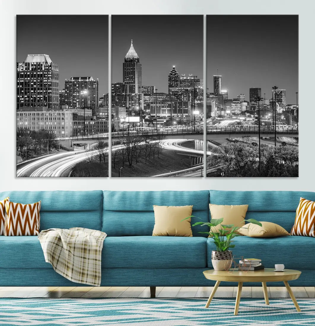 Black and White Atlanta City Skyline Cityscape Large Wall Art Canvas Print