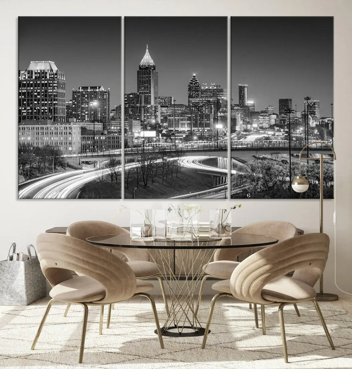 Black and White Atlanta City Skyline Cityscape Large Wall Art Canvas Print