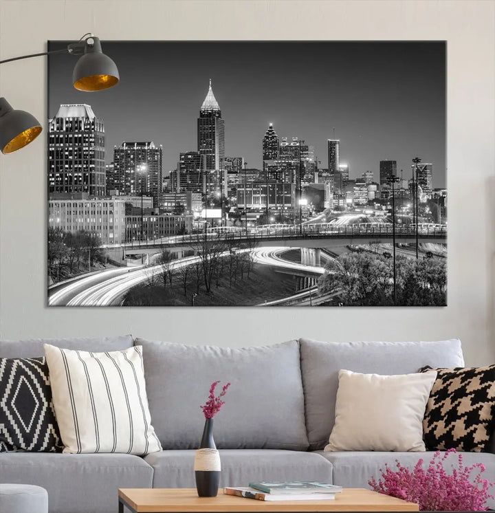 Black and White Atlanta City Skyline Cityscape Large Wall Art Canvas Print