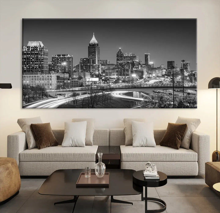 Black and White Atlanta City Skyline Cityscape Large Wall Art Canvas Print