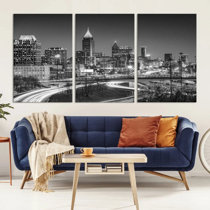 Black and White Atlanta City Skyline Cityscape Large Wall Art Canvas Print