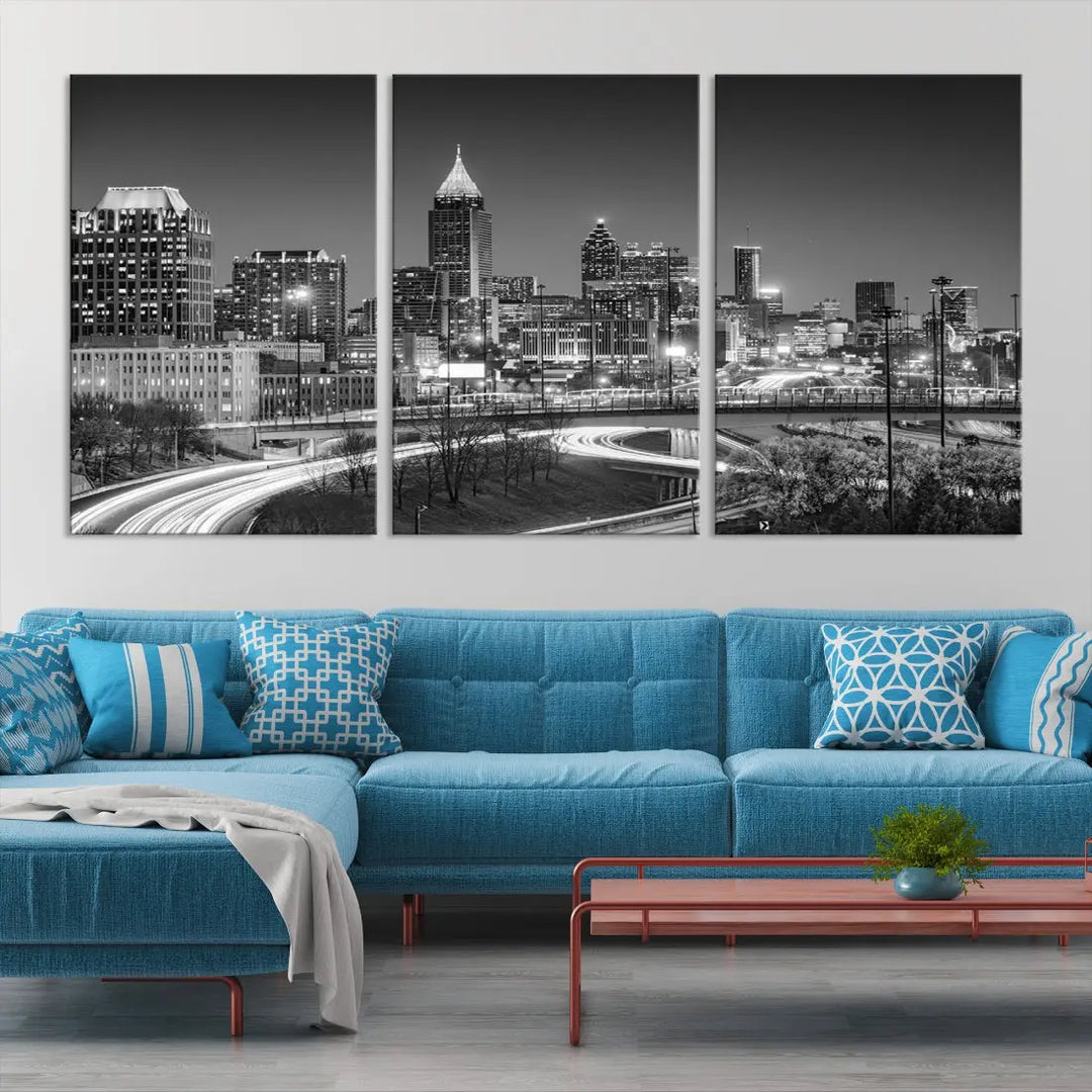 Black and White Atlanta City Skyline Cityscape Large Wall Art Canvas Print