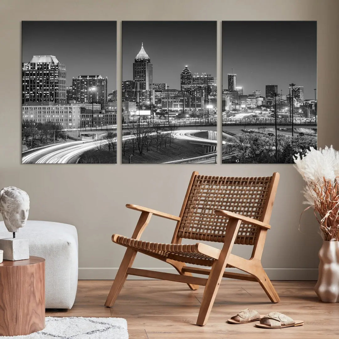 Black and White Atlanta City Skyline Cityscape Large Wall Art Canvas Print