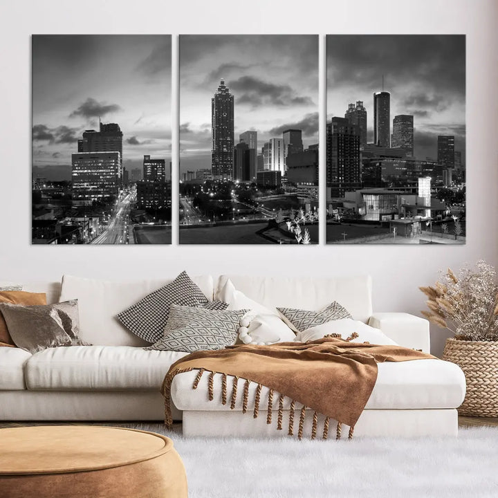 Black and White Atlanta City Skyline Wall Art Large Cityscape Canvas Print