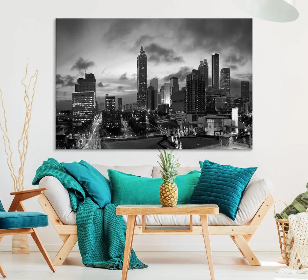 Black and White Atlanta City Skyline Wall Art Large Cityscape Canvas Print