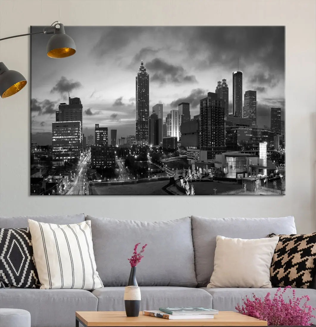 Black and White Atlanta City Skyline Wall Art Large Cityscape Canvas Print