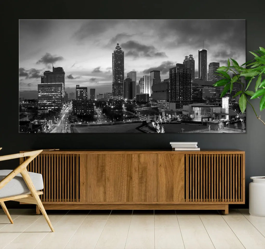 Black and White Atlanta City Skyline Wall Art Large Cityscape Canvas Print